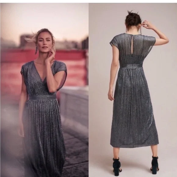 Moulinette Souers Anthropologie metallic shimmer evening dress blue black sz 0 - Picture 1 of 11